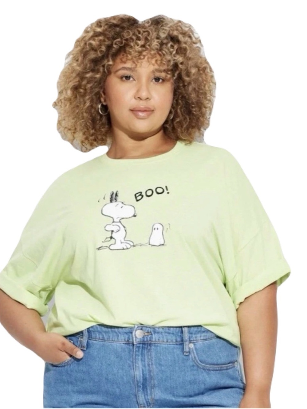 Peanuts Womens Oversized Lime Green Snoopy Woodstock Ghost Boo Halloween T-shirt